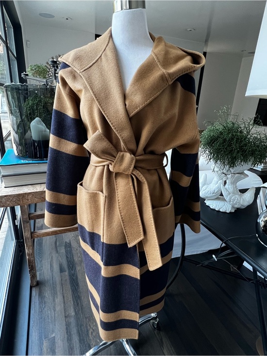 La Ligne Jackets & Blazers - La Ligne Camel and Dark Navy  Striped Hooded Belted Wrap Coat Reversible  size S